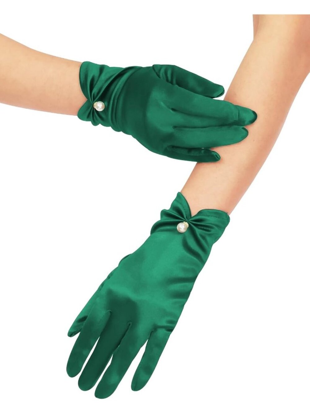 Womens Dark Green Pearl Accent Wrist Length Halloween Party Stretchy Lace Gloves